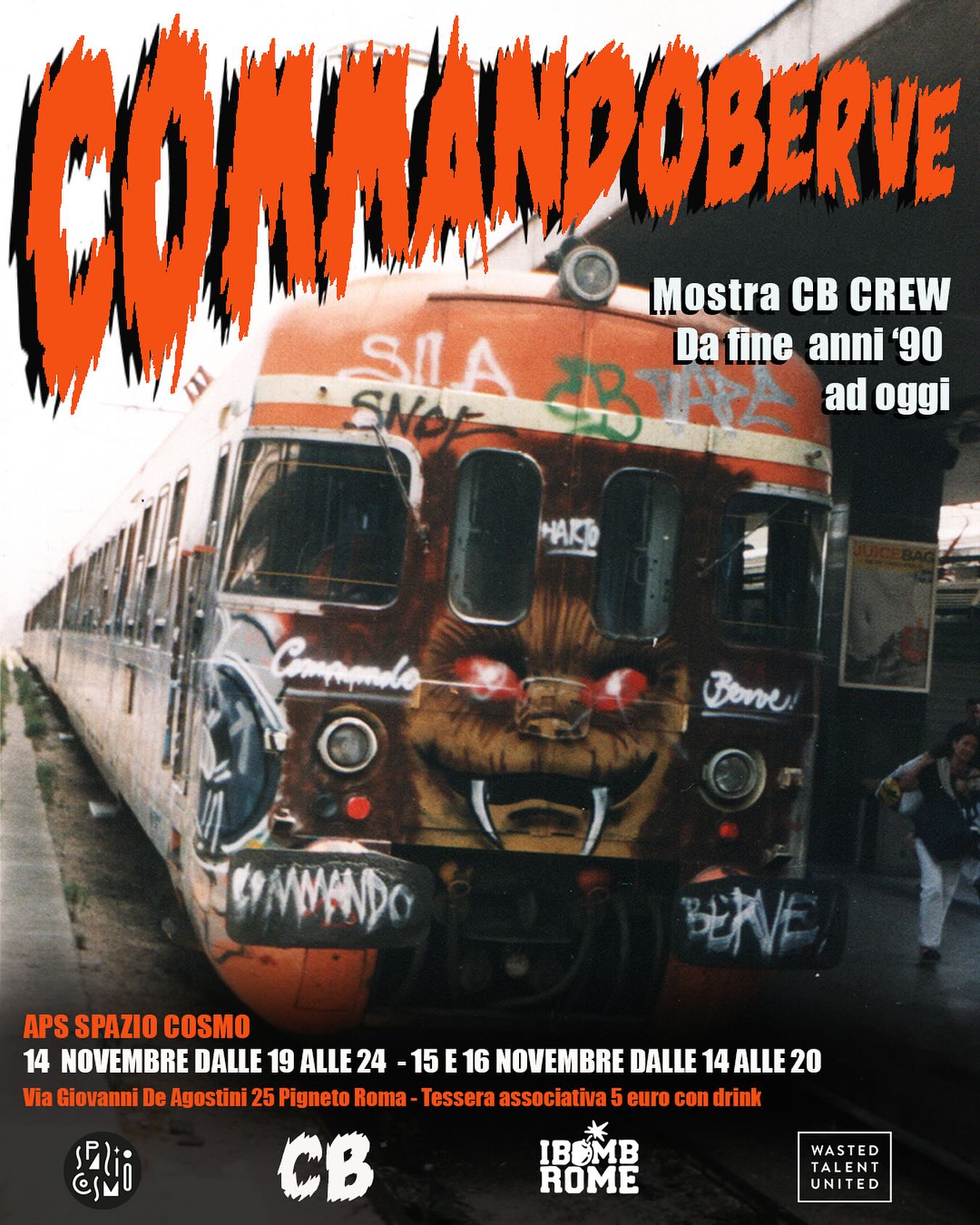 Ciao cosmici! Save the date, dal 14 al 16 Novembre ospiteremo una mostra fotografica dedicata alla storica crew di graffiti writing CB, con materiale fotografico dagli anni ‘90 ad oggi! 
Vi aspettiamo all’inaugurazione venerdì 14 novembre 2025 dalle 19!
@the_takecover @gabriele_bartolini @spinhell_n.b.t @alessandromayazima @carrozzeriagasparro @koshprimo @ibombrome @wasted_talent_united