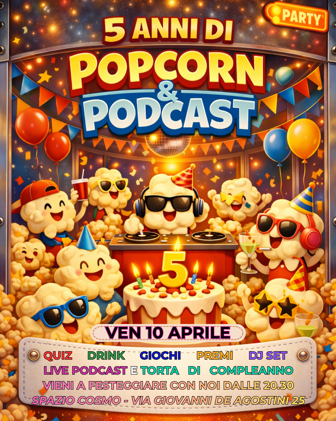 popcorn e podcast festa 5 anni